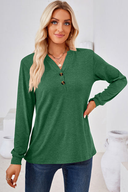 Notched Button Detail Long Sleeve T-Shirt-Angel Casuals
