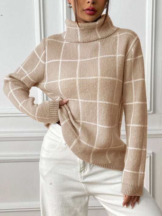 Plaid Turtleneck Long Sleeve Sweater-Angel Casuals