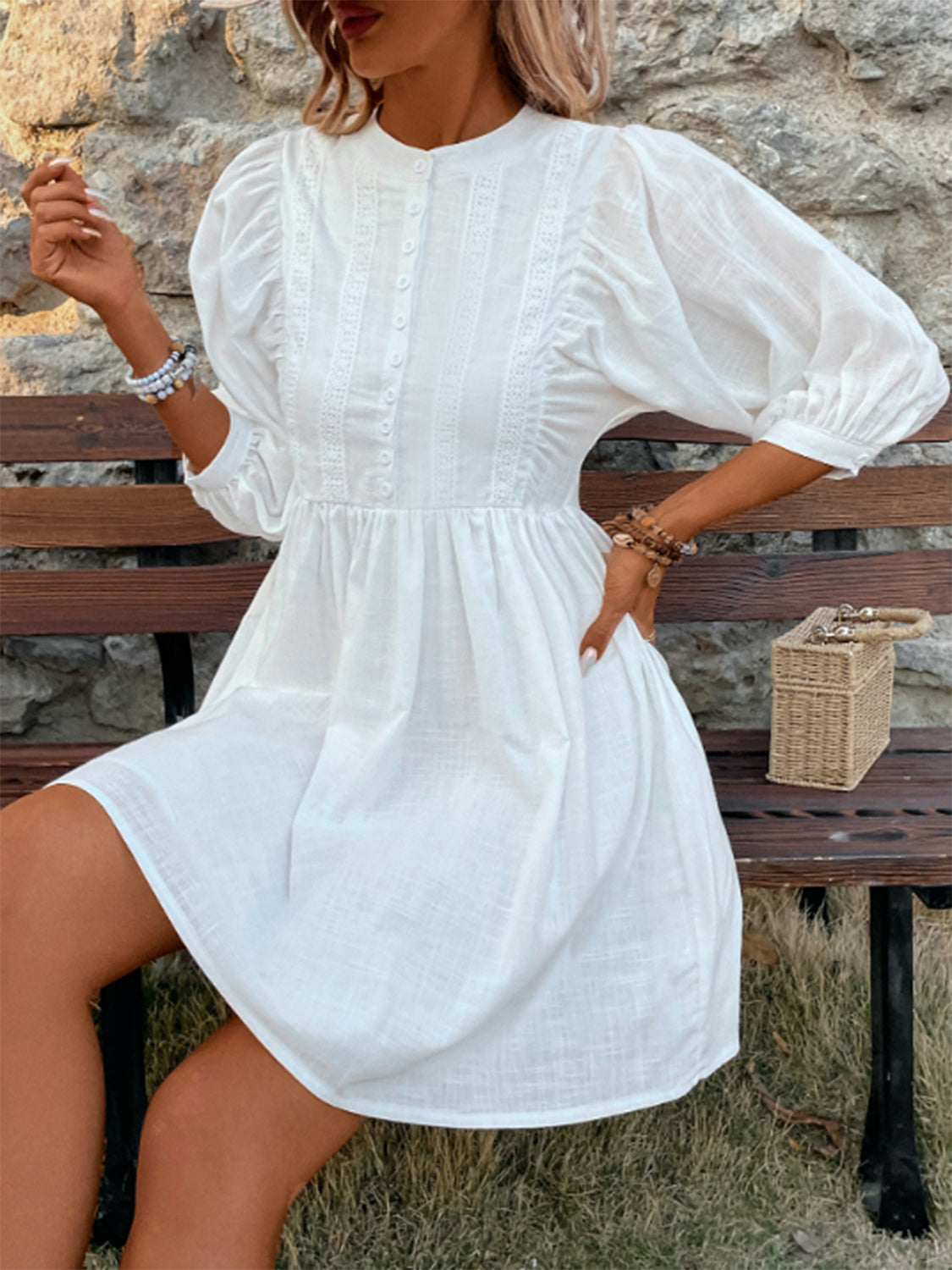 Lace Detail Half Button Three-Quarter Sleeve Dress-Angel Casuals