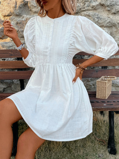 Lace Detail Half Button Three-Quarter Sleeve Dress-Angel Casuals