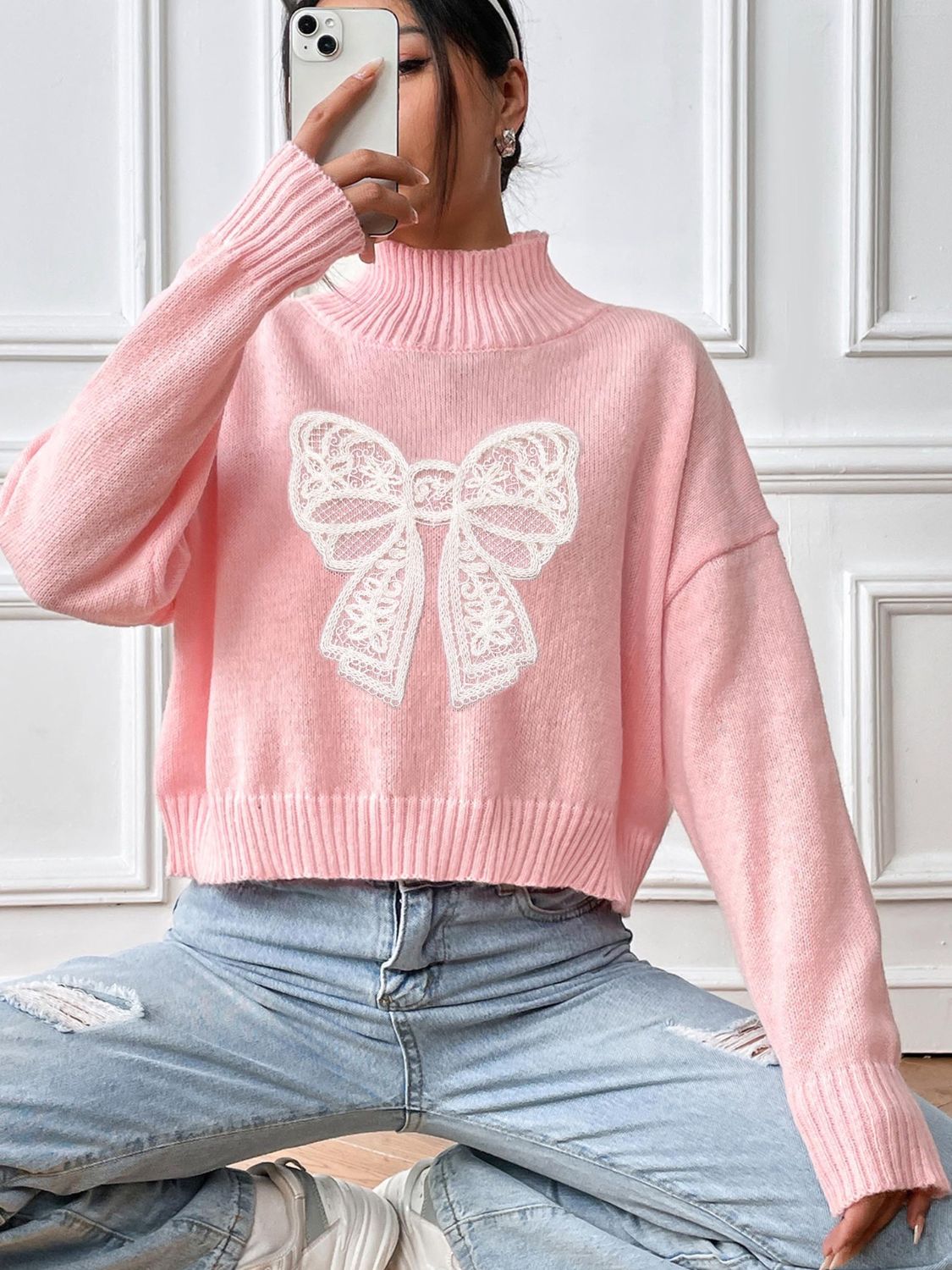 Bow Turtleneck Long Sleeve Sweater-Angel Casuals