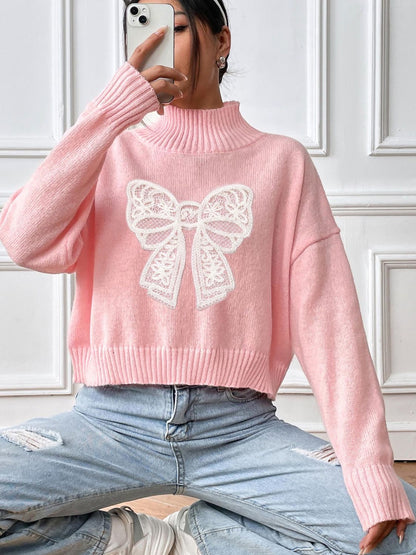 Bow Turtleneck Long Sleeve Sweater-Angel Casuals