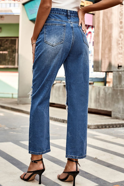 Distressed High Waist Straight Jeans-Angel Casuals