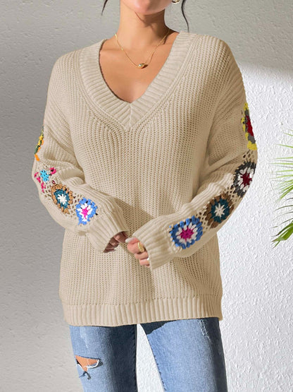 Crochet Flower V-Neck Sweater-Angel Casuals