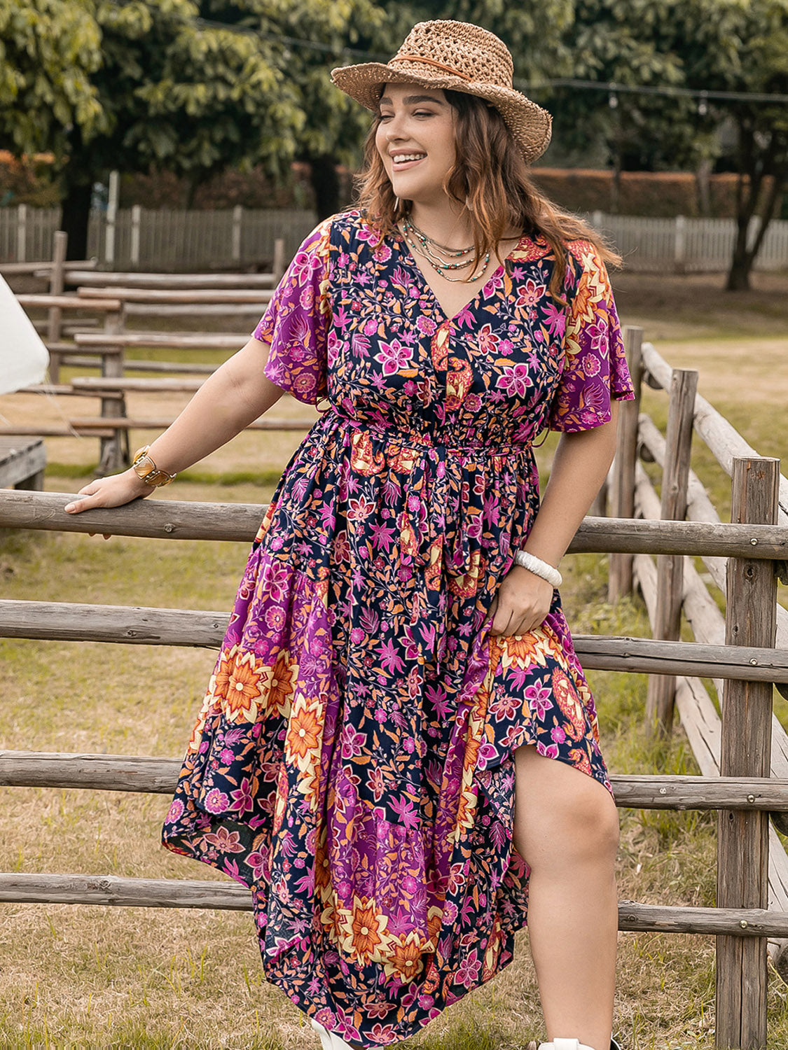 Plus Size Printed V-Neck Flutter Sleeve Midi Dress-Angel Casuals