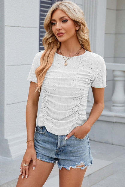 Eyelet Ruched Round Neck Short Sleeve T-Shirt-Angel Casuals