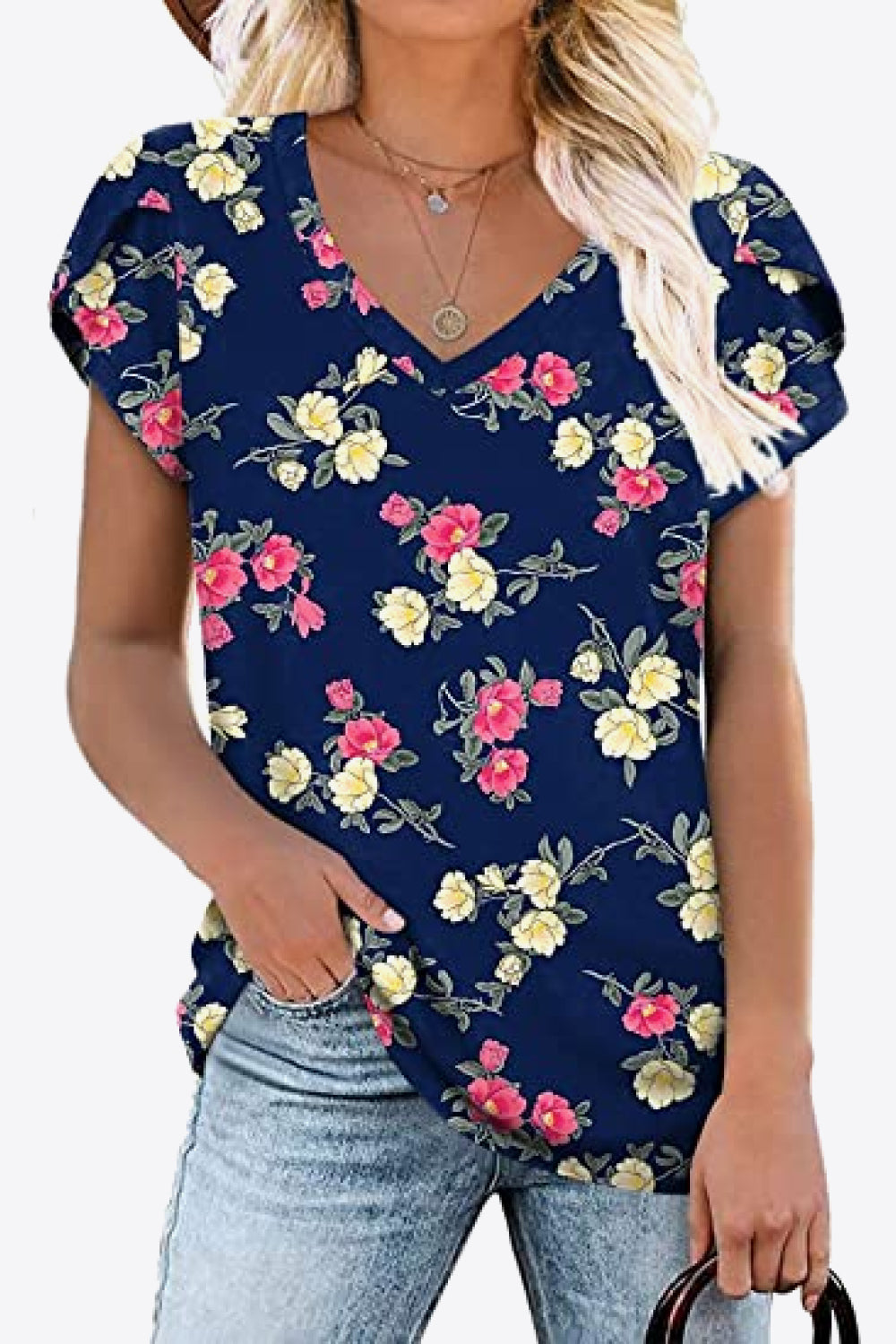 Printed Petal Sleeve V-Neck Blouse-Angel Casuals