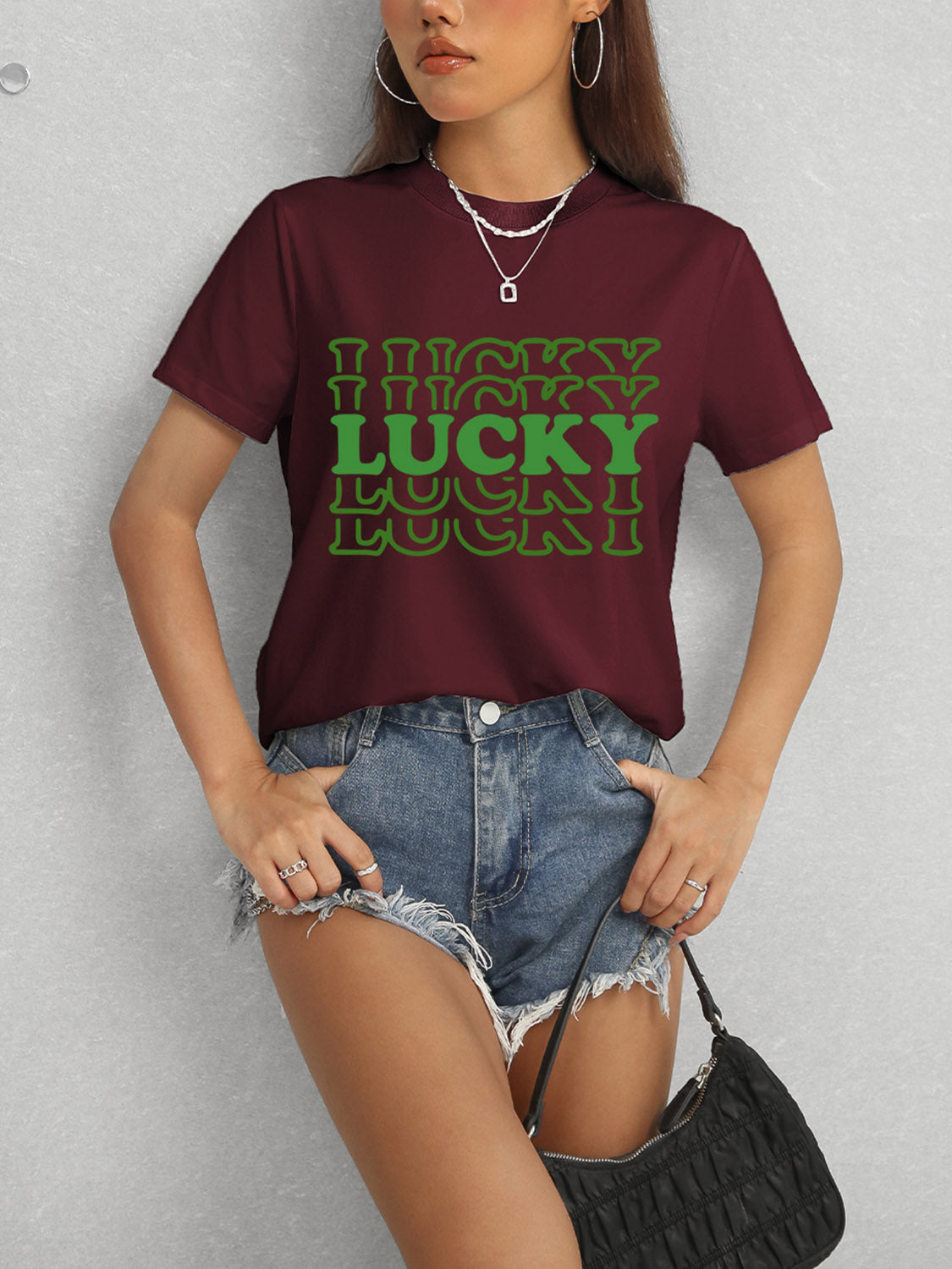 LUCKY Round Neck Short Sleeve T-Shirt-Angel Casuals