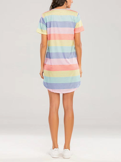 Striped Round Neck Short Sleeve Tee Dress-Angel Casuals