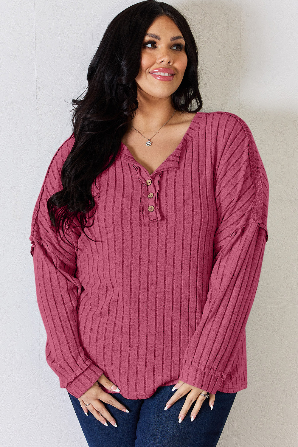 Basic Bae Full Size Ribbed Half Button Long Sleeve T-Shirt-Angel Casuals