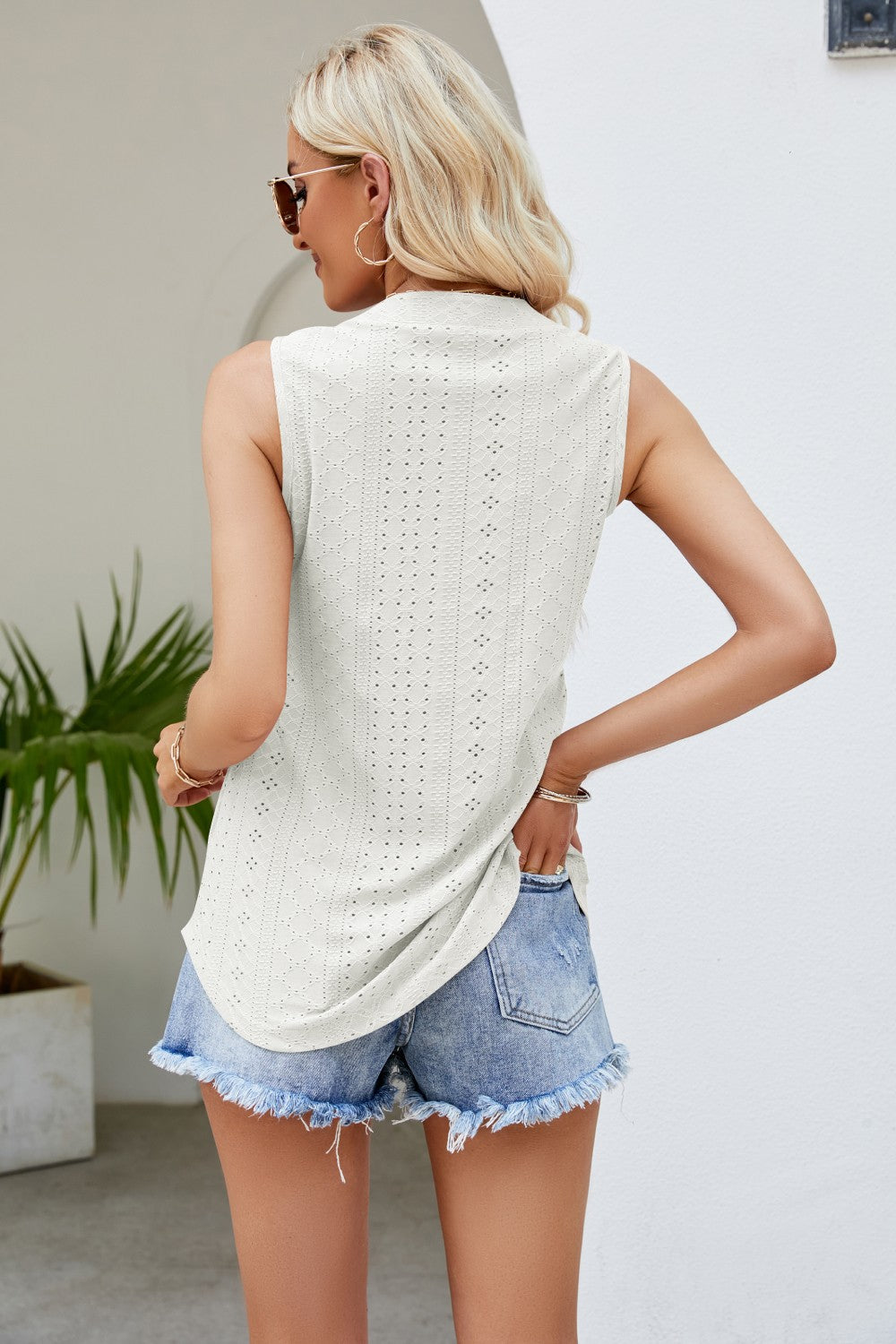 Notched Neck Curved Hem Eyelet Tank-Angel Casuals