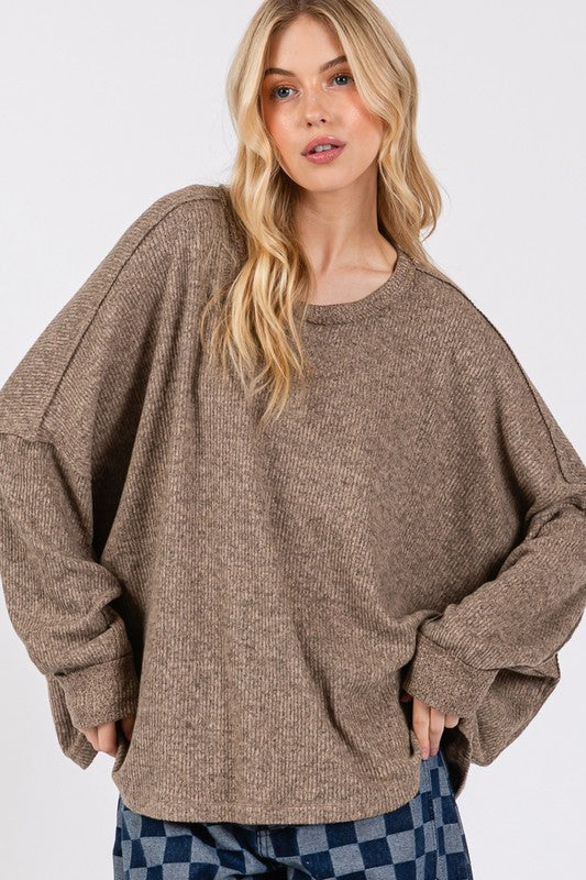 SAGE + FIG Round Neck Batwing Sleeve Oversize Top-Angel Casuals