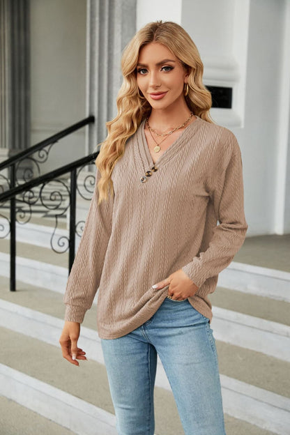 Decorative Button V-Neck Long Sleeve T-Shirt-Angel Casuals