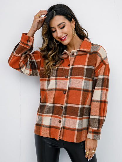 Plaid Button Up Collared Neck Jacket-Angel Casuals