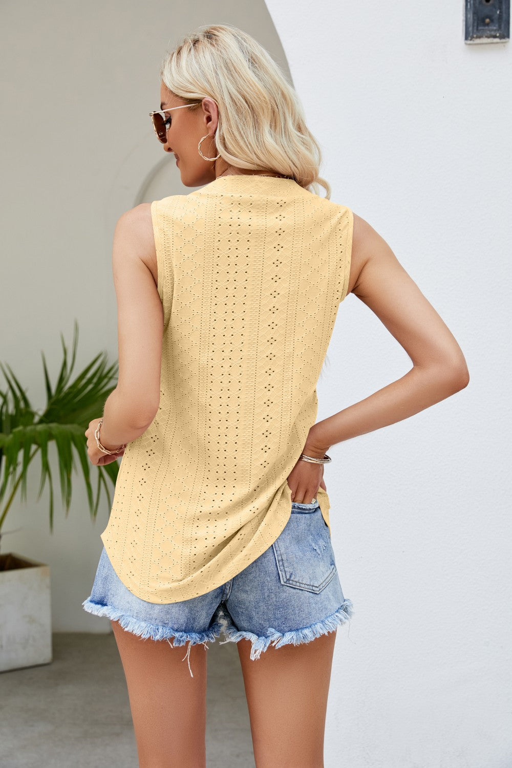 Notched Neck Curved Hem Eyelet Tank-Angel Casuals