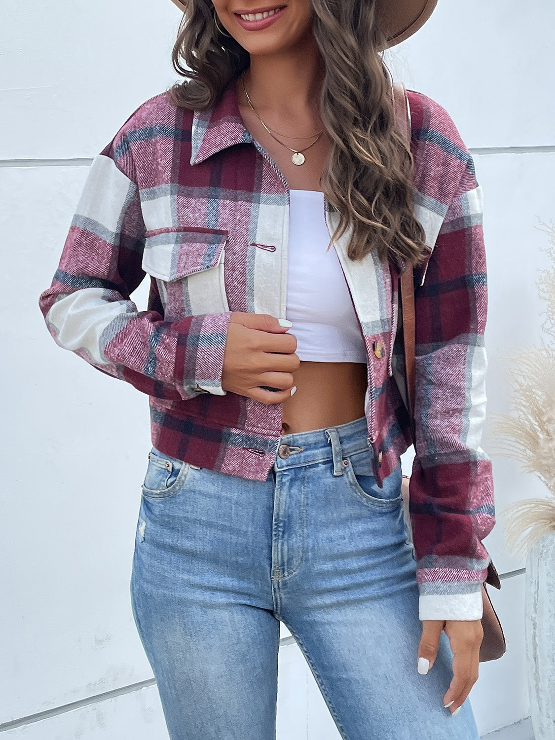 Perfee Plaid Button Up Drop Shoulder Cropped Jacket-Angel Casuals