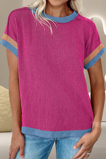 Color Block Round Neck Cap Sleeve T-Shirt-Angel Casuals