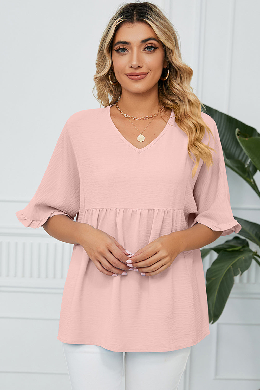Peplum V-Neck Half Sleeve T-Shirt-Angel Casuals