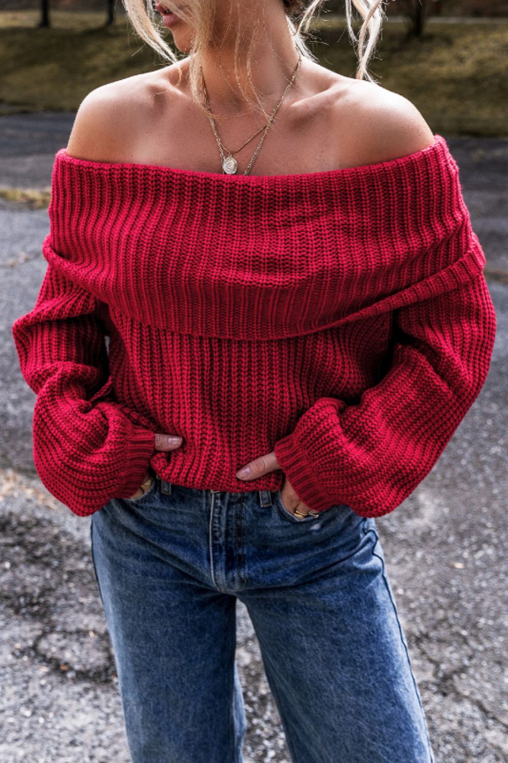 Off-Shoulder Long Sleeve Sweater-Angel Casuals