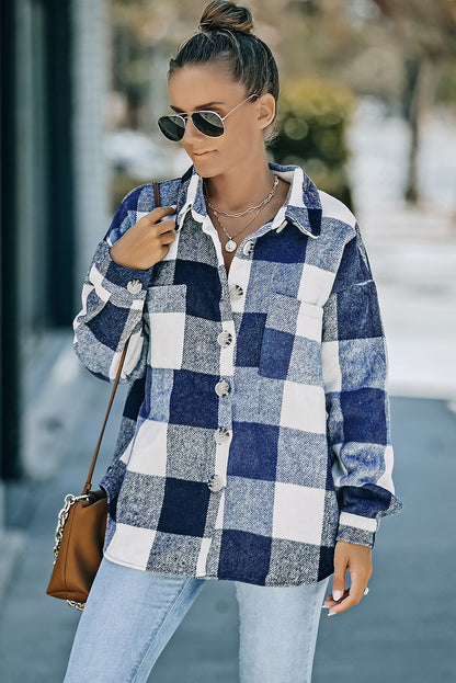 Plaid Button Up Dropped Shoulder Jacket-Angel Casuals