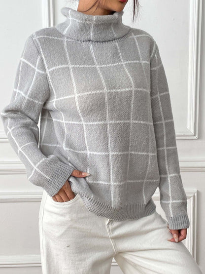 Plaid Turtleneck Long Sleeve Sweater-Angel Casuals
