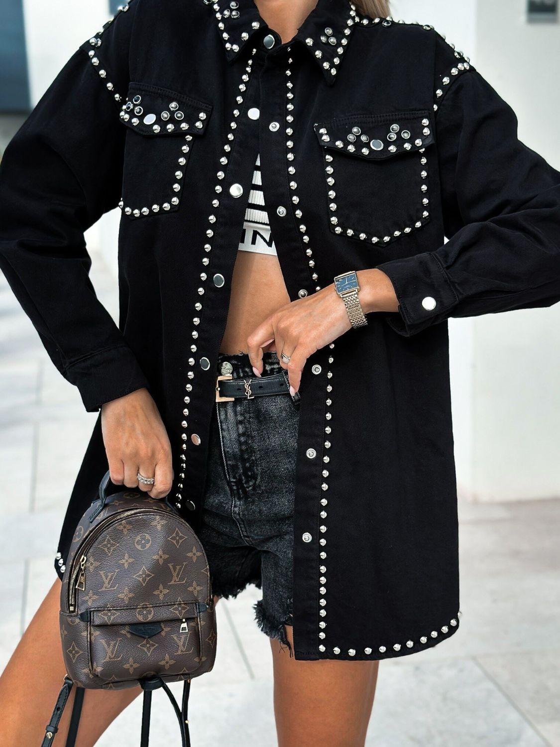 Studded Snap Down Long Sleeve Denim Shacket-Angel Casuals