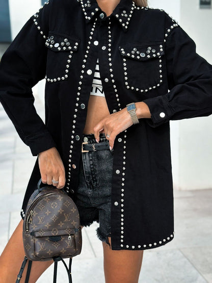 Studded Snap Down Long Sleeve Denim Shacket-Angel Casuals