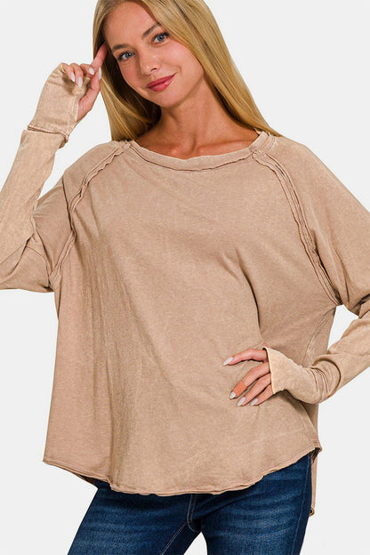 Zenana Round Neck Thumbhole Long Sleeve T-Shirt-Angel Casuals