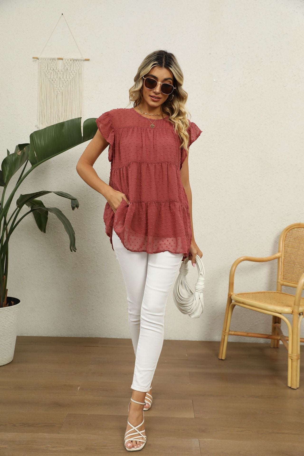 Swiss Dot Round Neck Tiered Blouse-Angel Casuals