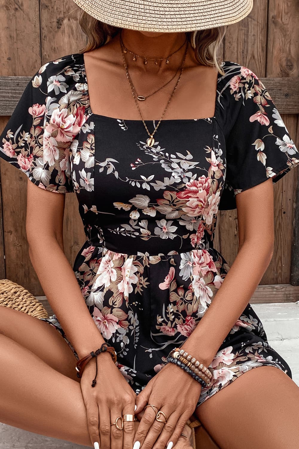 Floral Cutout Tie Back Romper-Angel Casuals