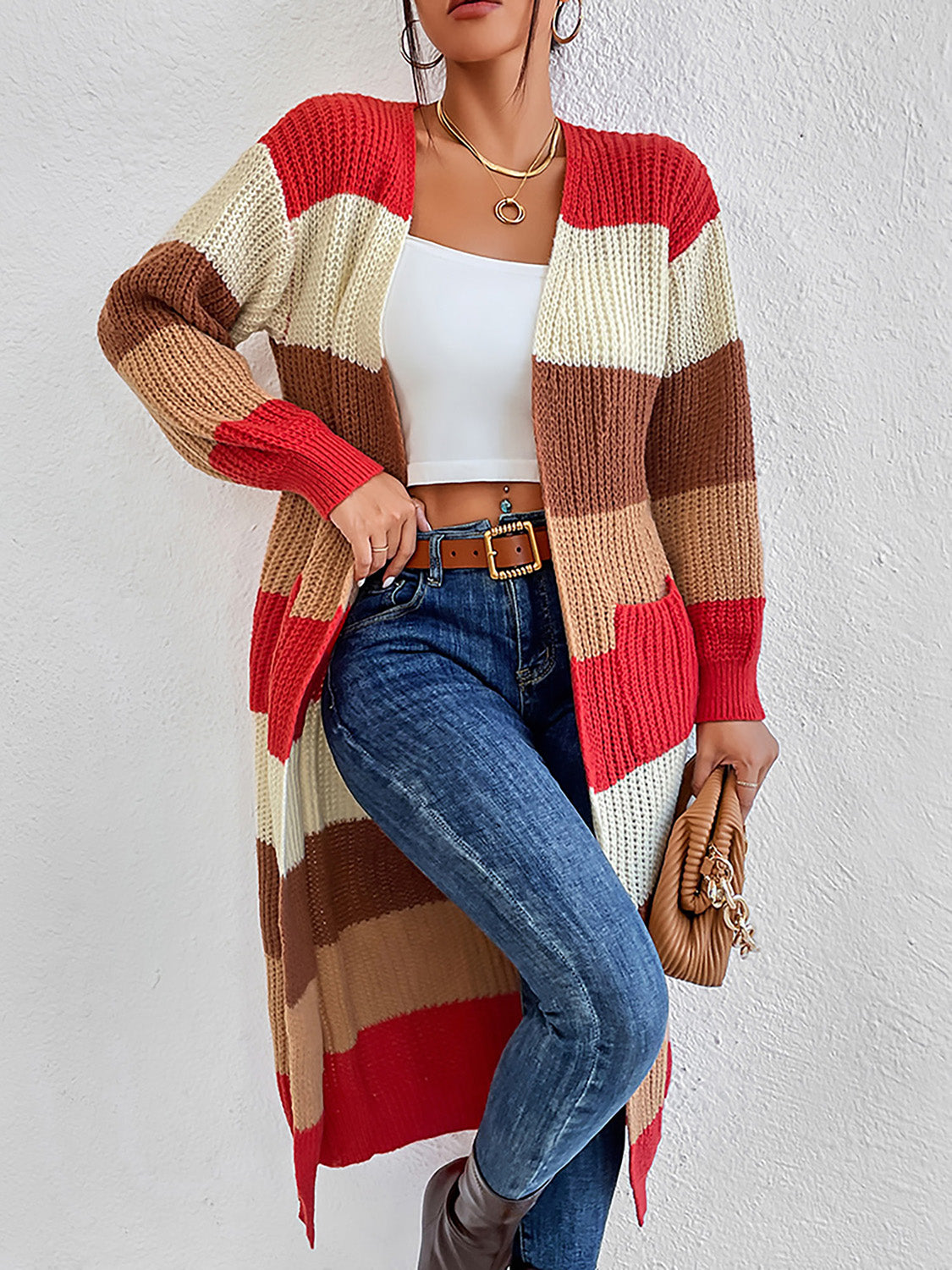 Color Block Open Front Longline Cardigan-Angel Casuals