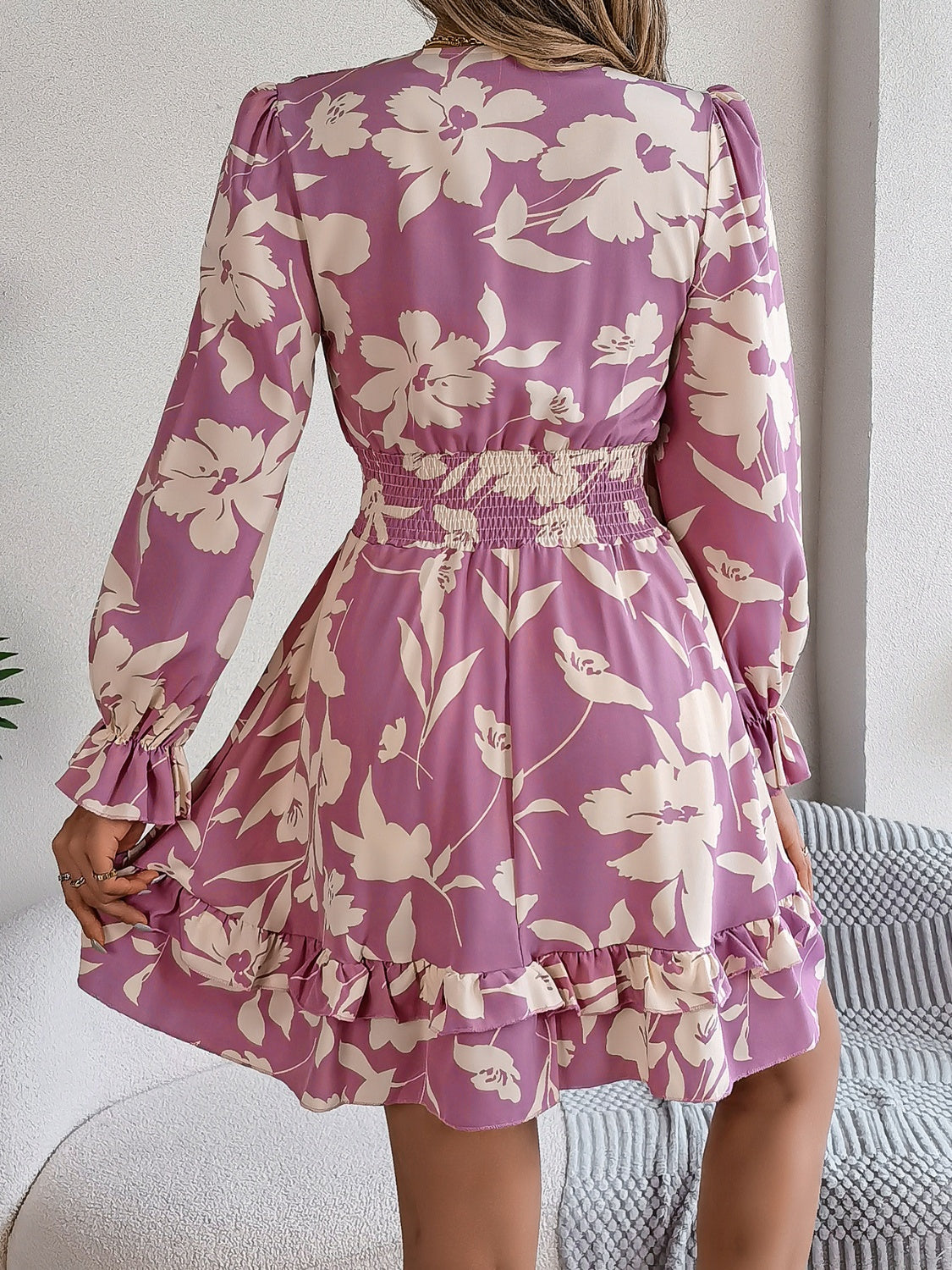 Tied Ruffled Printed Long Sleeve Dress-Angel Casuals