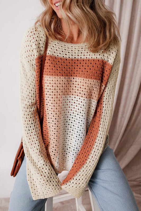 Openwork Color Block Long Sleeve Knit Top-Angel Casuals