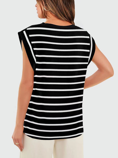 Striped Round Neck Cap Sleeve T-Shirt-Angel Casuals