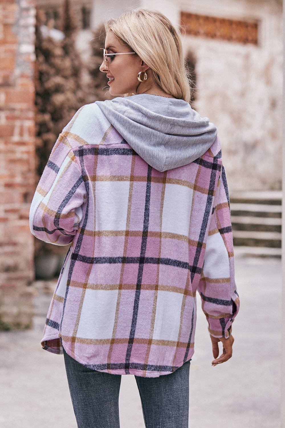 Mandy Plaid Dropped Shoulder Hooded Jacket-Angel Casuals