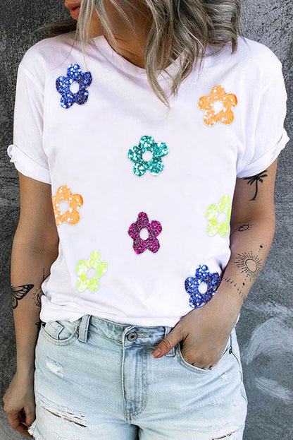 Sequin Flower Round Neck Short Sleeve T-Shirt-Angel Casuals