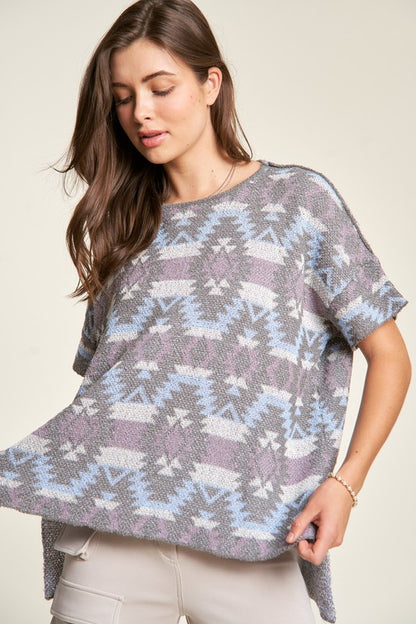 Davi & Dani High-Low Geometric Round Neck Knit Top-Angel Casuals