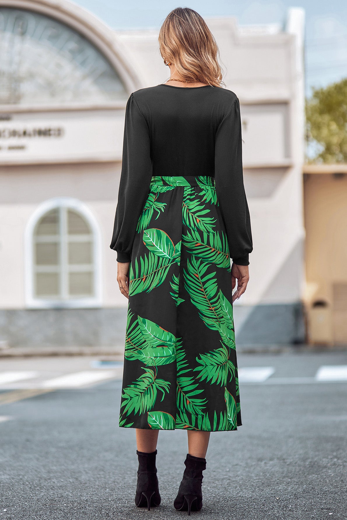 Printed Tie Waist Long Sleeve Dress-Angel Casuals