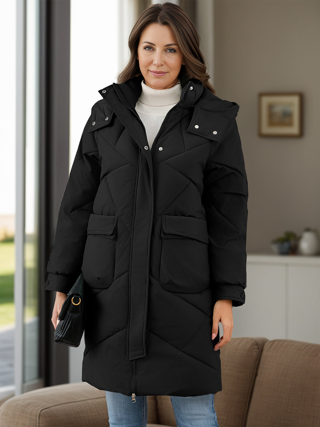 Long Sleeve Longline Hooded Winter Coat with Pockets-Angel Casuals