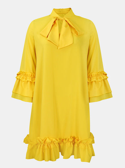 Frill Tie Neck Three-Quarter Sleeve Dress-Angel Casuals