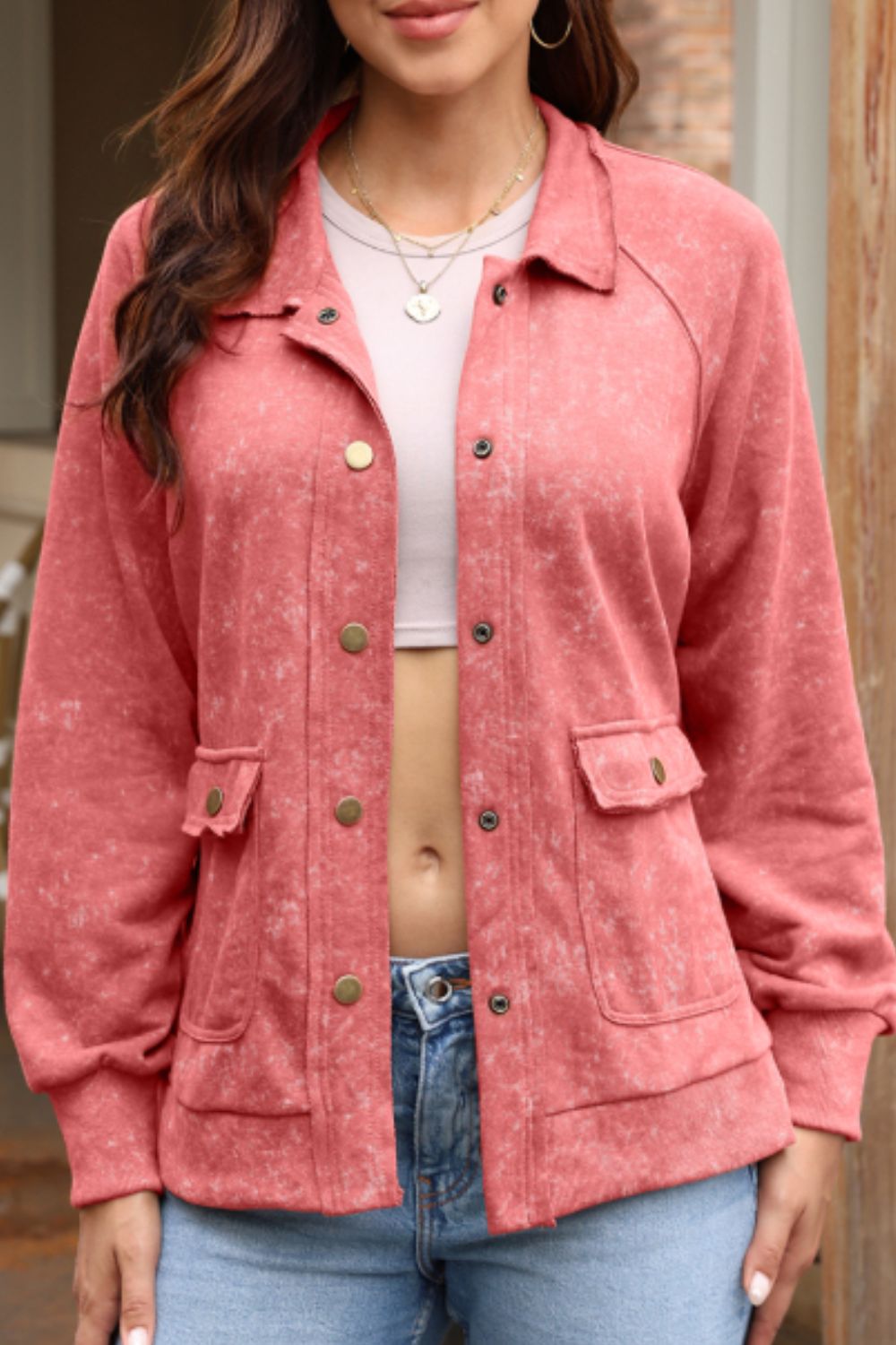 Snap Down Flap Pocket Long Sleeve Shacket-Angel Casuals