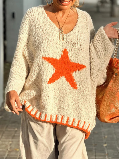 Star V-Neck Long Sleeve Oversize Sweater-Angel Casuals