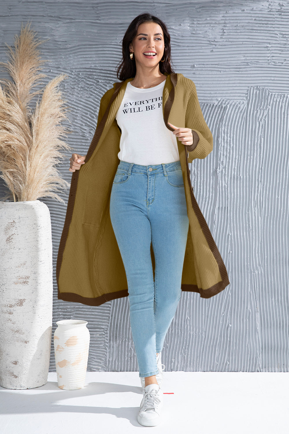 Button Up Contrast Trim Hooded Cardigan-Angel Casuals