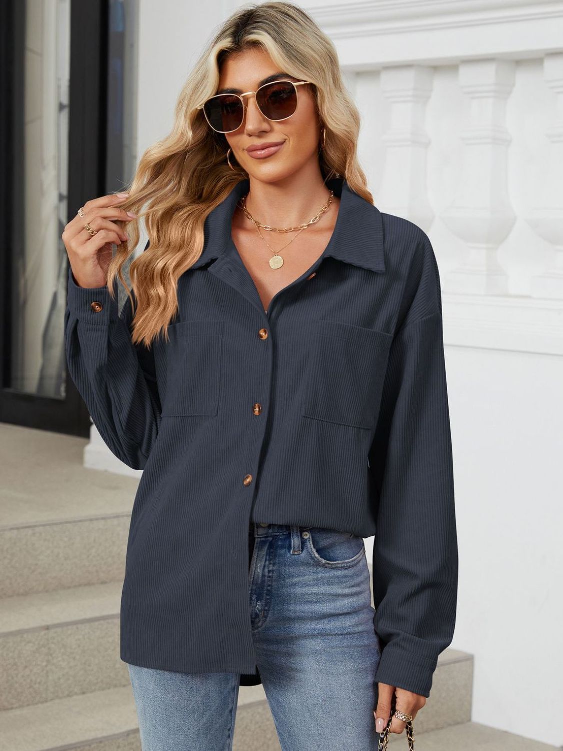 Button Up Dropped Shoulder Long Sleeve Outerwear-Angel Casuals