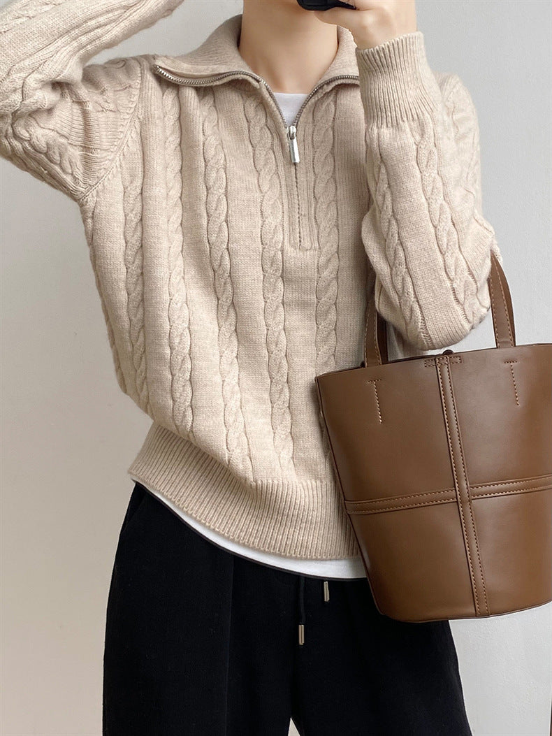 Cable-Knit Half Zip Long Sleeve Sweater-Angel Casuals