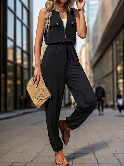 Half Zip Sleeveless Jumpsuit with Pockets-Angel Casuals