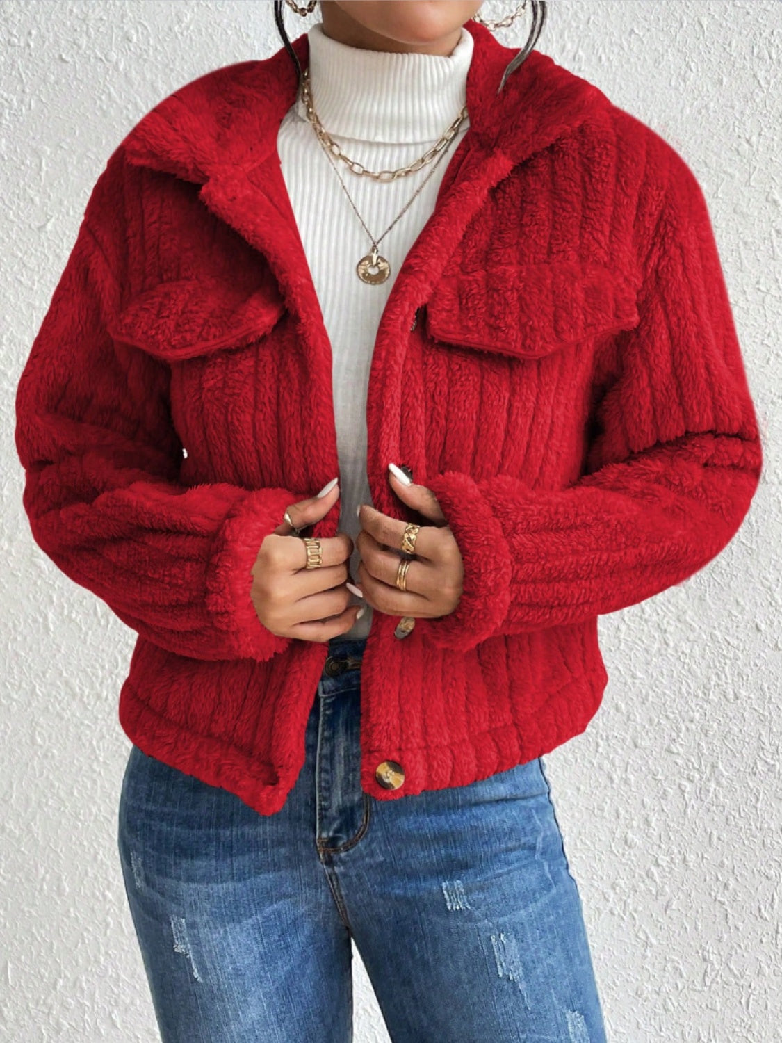 Fuzzy Button Up Collared Neck Jacket-Angel Casuals