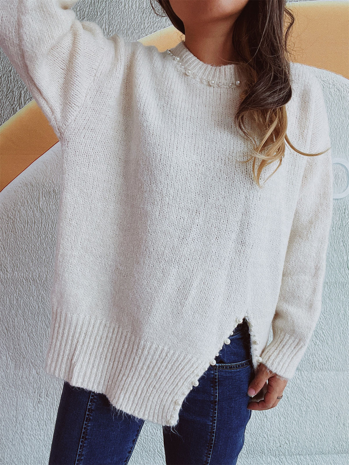 Slit Pearl Trim Round Neck Long Sleeve Sweater-Angel Casuals