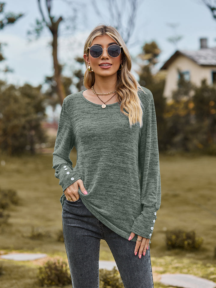 Round Neck Long Sleeve Buttoned T-Shirt-Angel Casuals