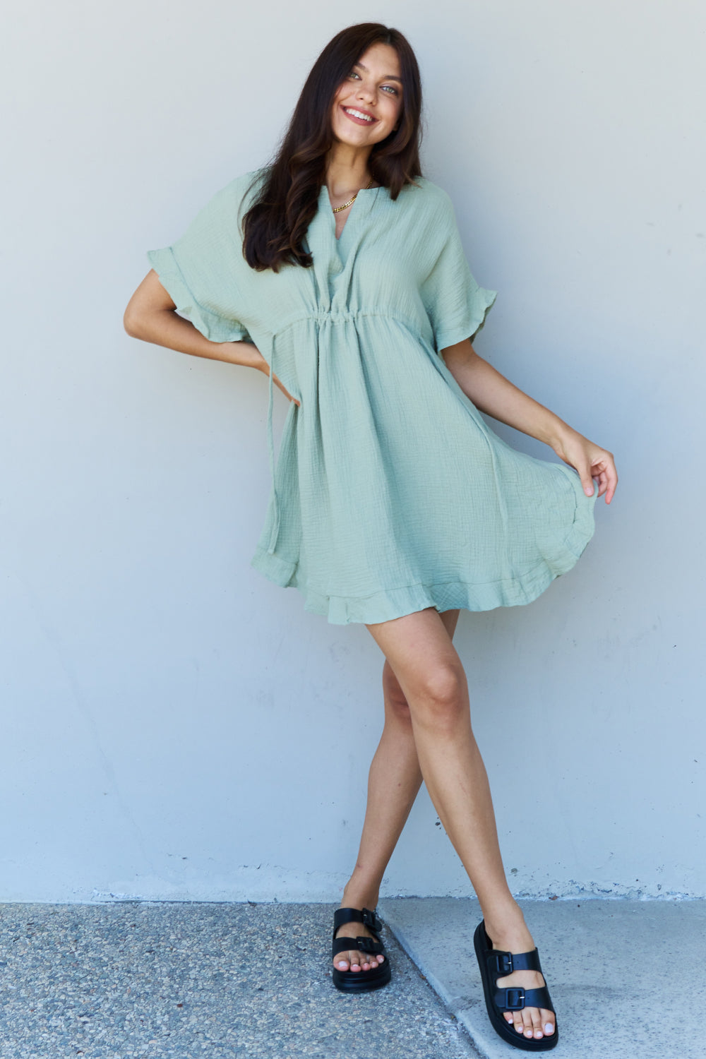 Ninexis Out Of Time Full Size Ruffle Hem Dress with Drawstring Waistband in Light Sage-Angel Casuals